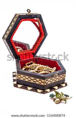A composition of a vintage jewel box on a white background