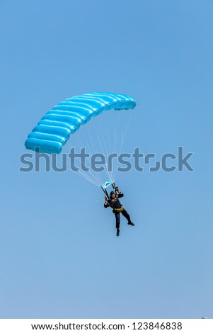 CADIZ, SPAIN-SEP 12:  Parachutist of the PAPEA taking part in an exhibition on the 2nd airshow of Cadiz on Sep 12, 2009, in Cadiz, Spain