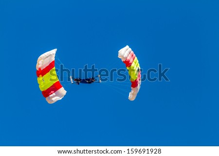 ALBACETE, SPAIN-JUN 23:  Parachutist of the PAPEA taking part in an exhibition on the open day of the airbase of Los Llanos on Jun 23, 2013, in Albacete, Spain