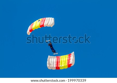ALBACETE, SPAIN-JUN 23:  Parachutist of the PAPEA taking part in an exhibition on the open day of the airbase of Los Llanos on Jun 23, 2013, in Albacete, Spain