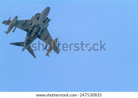 MALAGA, SPAIN-MAY 28: Aircraft AV-8B Harrier Plus taking part in an exhibition on the day of the spanish army forces on May 28, 2011, in Malaga, Spain