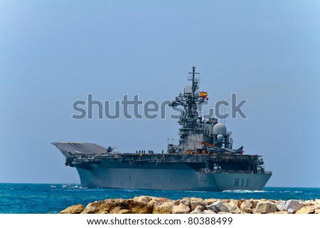 MALAGA, SPAIN-MAY 28: Aircraft carrier Principe de Asturias taking part in an exhibition on the day of the spanish army forces on May 28, 2011, in Malaga, Spain