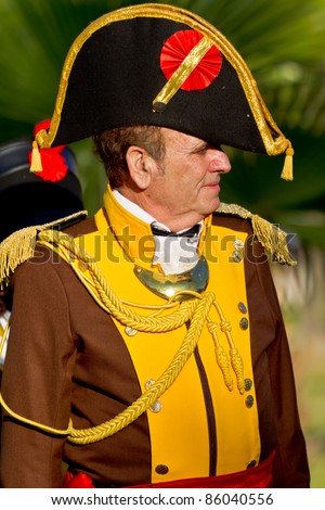 SAN FERNANDO, SPAIN - SEP 24: Actor taking part in the historical military reenacting of the oath of the Spanish constitution of 1812 on Sep 24, 2011 in San Fernando, Spain