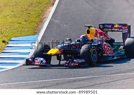 JEREZ DE LA FRONTERA, SPAIN - FEB 10: Mark Webber of Red Bull Racing F1 races on training sesssion on  February 10 , 2011, in Jerez de la Frontera , Spain