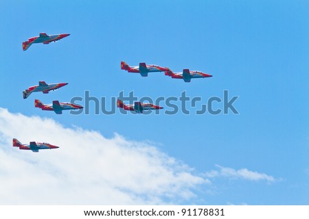MALAGA, SPAIN-MAY 28: Aircrafts of the Patrulla Aguila taking part in an exhibition on the day of the spanish army forces on May 28, 2011, in Malaga, Spain