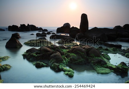 Sunrise wild coast beach green moss at Co Thach, Binh Thuan, Vietnam