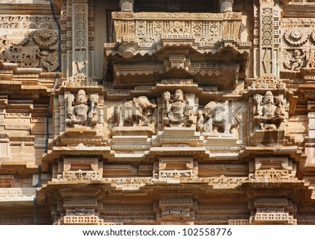 ornamented architectural detail with sculptures and figures in India