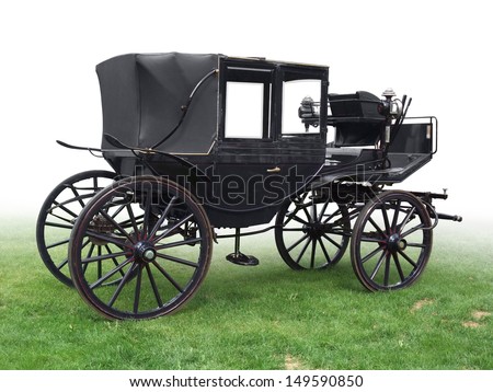 black historic carriage on green grass, gradient isolated on white