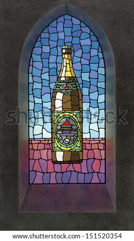 picture painted by me showing a beer bottle illustration on a church window