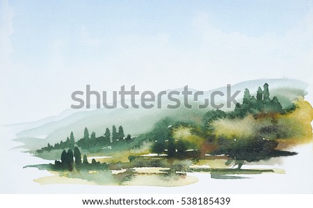 watercolor painting showing a landscape in Tuscany at summer time