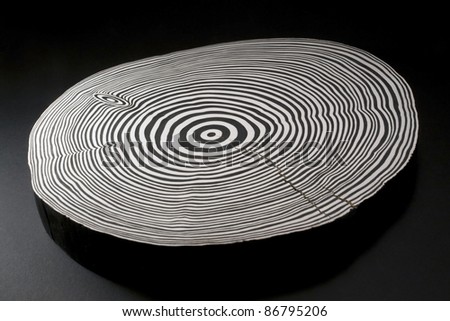 piece of wood with black and white painted annual rings in dark back
