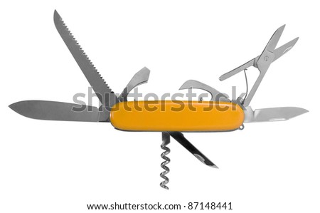 studio photography of a orange pocket knife with lots of tools in white back
