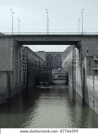lock detail with ships at Three Gorges Dam in China