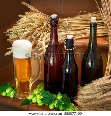 beer bottles and raw material for beer production