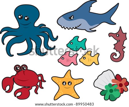 Various Ocean Creatures Including An Octopus, Shark, Fish, Seahorse ...