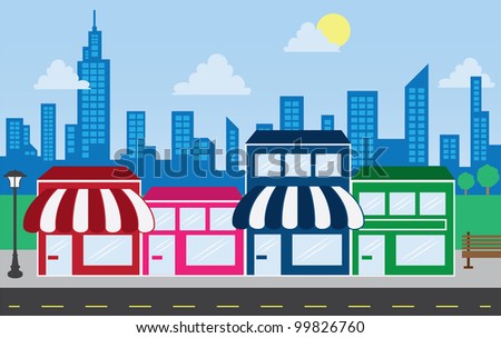 Store front strip mall stores and city skyline