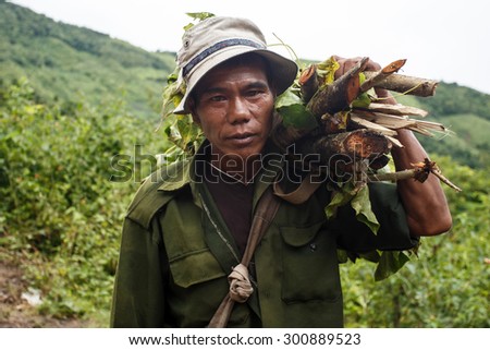 CHIN STATE, MYANMAR - JUNE 22 2015: Man carries load of wood in the only recently opened for tourists Chin State Mountainous Region, Myanmar (Burma)