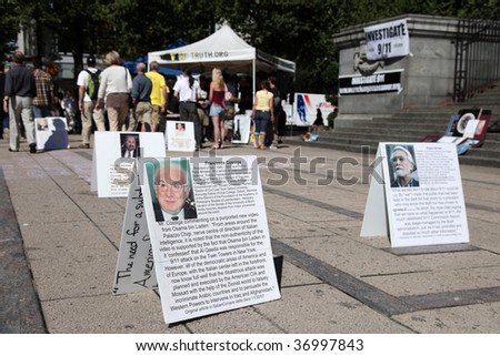 VANCOUVER - SEPT 11: Placards on display at 9/11 Truth Demonstration at Vancouver Art Gallery, September 11, 2009 in Vancouver, Canada