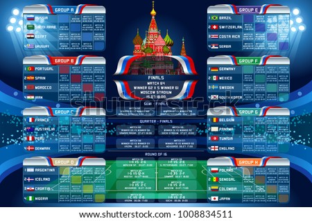 Russia 2018 world cup calendar. Soccer schedule table template vector illustration. Final results with flags of countries match date time and location