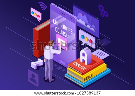 Learning from textbook this is a foreign concept vector illustration. e-learning and teaching theme. Student in front of gadget near textbooks and English abc alphabet. 3d isometric flat design.