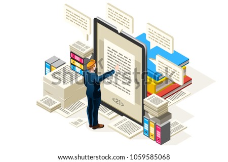 Textbook to publish online electronic paper, isometric people reading textbook, vector isometric design, vector illustration.