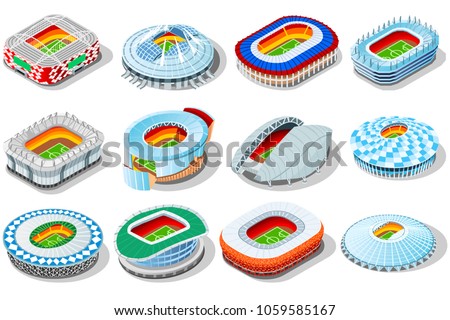 Russia world cup 2018 stadium. Isometric icon set for infographic elements Football arenas. Soccer stadiums buildings.  World cup. Vector stadium gym arena illustration in flat russian style isolated.