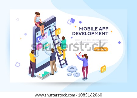 Mobile application, user and developer group. Can use for web banner, infographics, hero images. Flat isometric people, vector illustration isolated on generic white background.