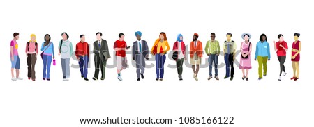 People group, crowd of diverse multi-ethnic people standing together on horizontal banner. Can use for web banner, infographics, hero images. Flat vector illustration isolated on generic white