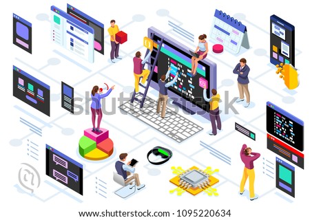 Programming software interface on device by engineers. Application for company project. A space of professional solutions for systems and softwares. Conceptual illustration. Isometric people vector.