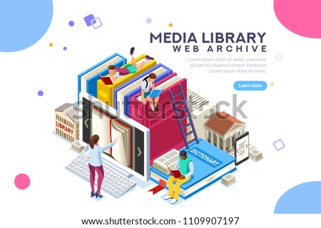 Dictionary, library of encyclopedia or web archive. Technology and literature, digital culture on media library. Clipart sticker icon for web banner. Flat isometric people images, vector illustration.