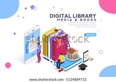 Media book library concept. E-book, reading an ebook to study on e-library at school. E-learning online, archive of books. Flat Isometric characters vector illustration. Landing page for web.