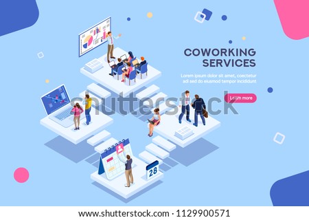Coworkers office concept with characters. Freelancer concept, coworking people, ceo business workspace for creative businesswoman. Standing employee space for businessmen. Flat Isometric illustration.