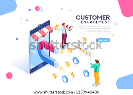 Shopping process of customer. Infographic of Seo on a smartphone. Purchase on website campaign a message to engagement for a like or a star. Review of search content. Isometric flat vector