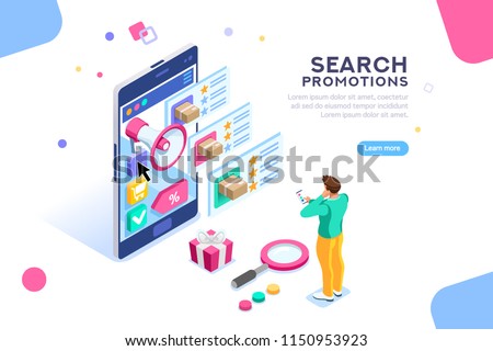 Social campaign for buying and rating. Product moving on website for search or promotion map. Seo video content for shopping like or star. Flat isometric characters. Concept for landing page for web.