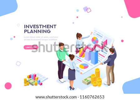 Creative income planning for sales. Teamwork, account company, increase corporate result. Growth concept with characters and text for services. Flat isometric infographic images vector illustration.