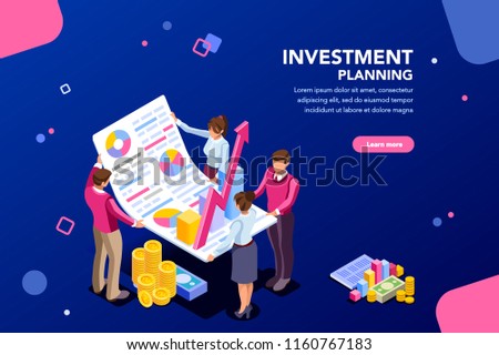 Concept of growth, financial partnership for investment. Meeting of account company to increase corporate results. Report concept with characters and text. Flat isometric images vector illustration.