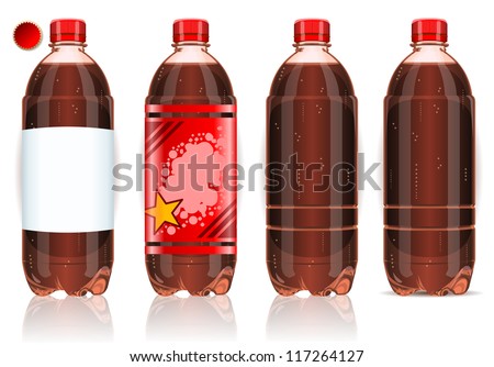 Realistic Plastic Label Bottle of Coke. Cold Soda Cola soft drink vector illustration set