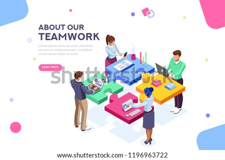 Startup employees. Goal thinking, infographic of puzzle. Cooperation construction by agency group to create a team. Concept for webdesign. White isolated concept with characters flat isometric Vector