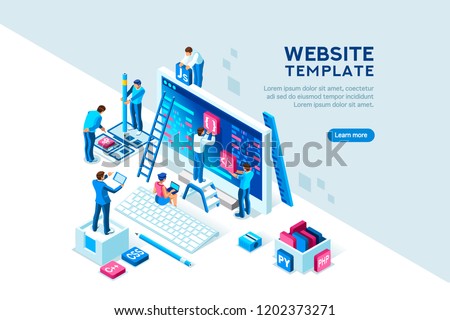 Project team of engineers for website create. Characters on a concept. Programming software coding and development, template for programmer or designer. Flat isometric concept. Vector illustration.