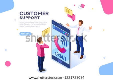 Product of e-shop. Shop available assistance, accessible always. Clock illustration for site or center. Isometric images of transaction customer support concept with characters. Vector illustration.