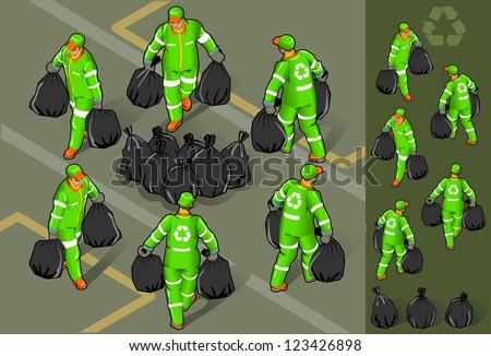 Detailed illustration of a isometric set of garbage man in six position
