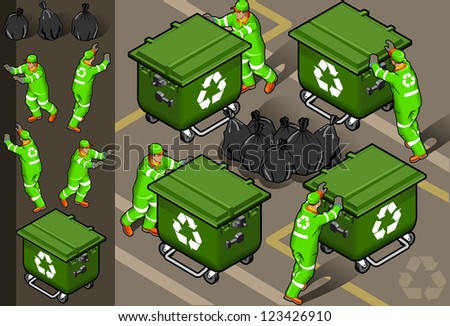 Detailed illustration of a isometric set of garbage man in four position