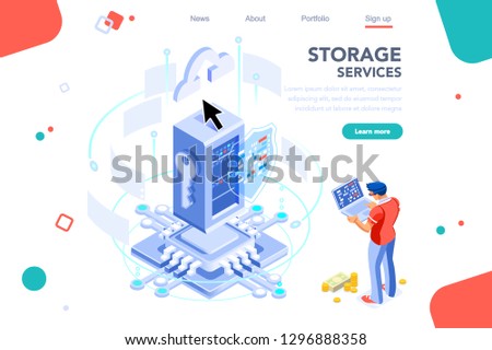 Data services for innovation. Safety social global integrated security. Virtual key support. Storage drawing circuit of database. Web banner, flat isometric illustration isolated on white background.