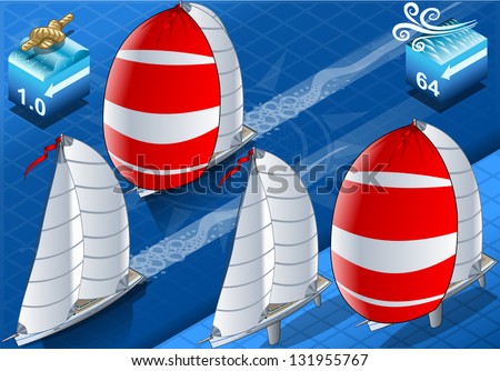 Points of Sail Isometric 3D Flat Style Set. Sail Boat Mainsail Jib and Spinnaker in Various Positions. Isometric Nautical Ship Collection to Build Regatta Infographic Diagram Illustration.