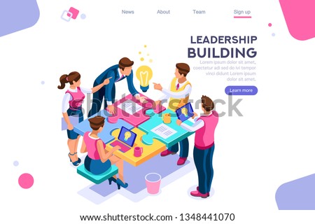 Leadership unity. Leader and business puzzle construction. Process support concept, can use for web banner, infographics, hero images. Flat isometric vector illustration isolated on white background