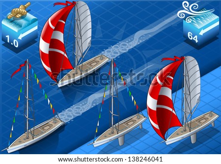 Points of Sail Isometric 3D Flat Style Set. Sail Boat Mainsail Jib and Spinnaker in Various Positions. Isometric Nautical Ship Collection to Build Regatta Infographic Diagram Illustration.