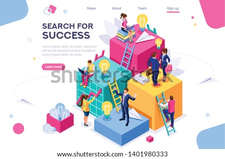 Search Idea, Little Success Advancement, Achievement of Goal. Path Up Stairs. Concept for Web Banner, Infographics, Hero Images. Flat Isometric Illustration Isolated on White Background