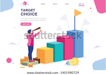 Marketing Moving Up Path. Target Choice. Achievement and Grow Goal Measurement Run Concept for Web Banner Infographics Images. Flat Isometric Illustration Isolated on White Background