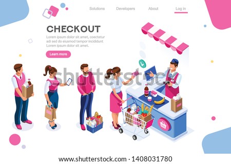 Supermarket, Line Waiting Images, Buyer Basket Checkout, Retail. Woman, Customer Purchase, Cashbox Buy. Web Banner, Infographics. Flat Isometric Illustration Isolated on White Background