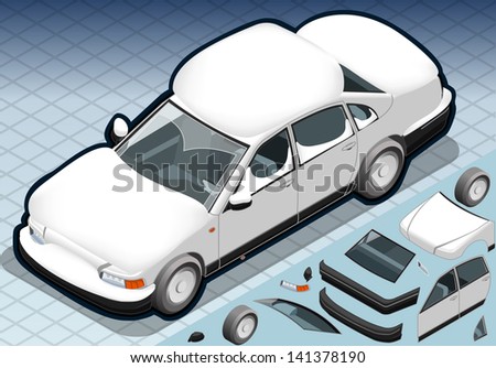 Detailed illustration of a four Isometric Snow Capped White Car in Front View